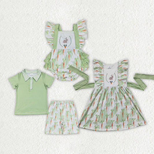 Baby Boy Girl Short Sleeves Easter Rabbits Carrots Sibling Green Romper Dress Set