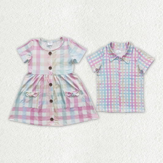 Baby Boy Girl Easter Colorful Checked Sibling Shirt Dress Clothes RTS