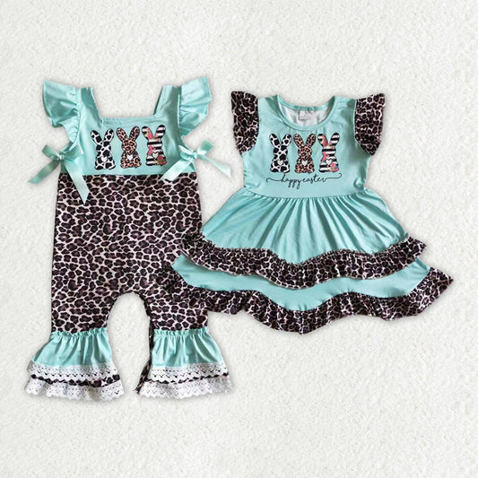 Baby Girl Short Sleeves Easter Leopard Rabbits Sibling Romper Dress