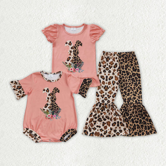 Baby Girl Short Sleeves Easter Leopard Rabbits Sibling Romper Set