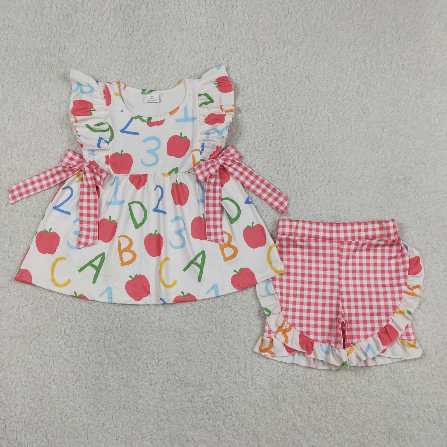 Baby Girls Kids Short Sleeves Apple Bows Tunic Plaid Ruffle Shorts Back to School Set RTS
