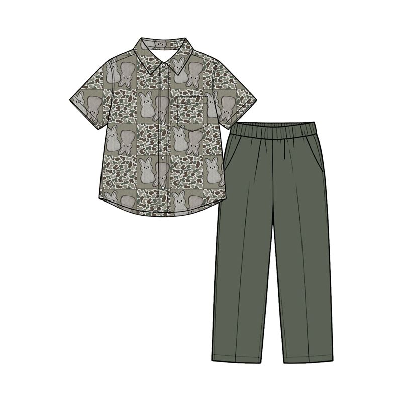( Moq 5 ) Preorder Baby Boys Kids Rabbits Buttons Camo Shirt Pockets Pants Easter Set Clothes