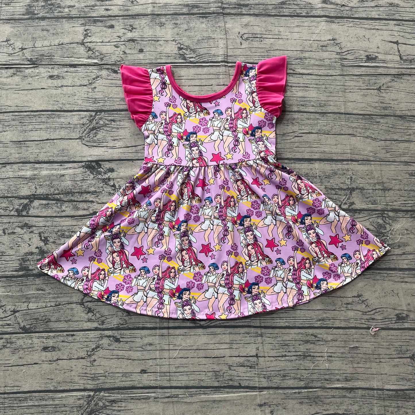 Baby Girls Kids Short Sleeves Singer Stars Flowers Pink Knee Length Dress RTS