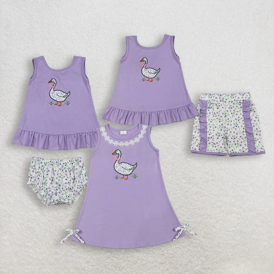 Sibling Baby Girls Sleeveless Embroidery Floral Duck Bows Purple Dress Sets Clothes RTS