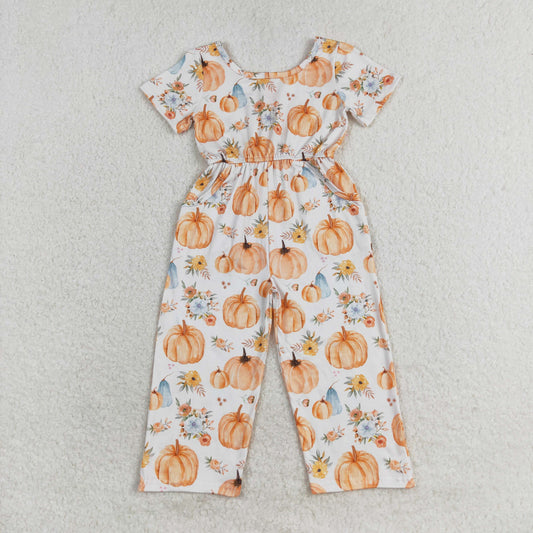 Baby Girl Short Sleeves Fall Pumpkin Flower Pocket Pants Jumpsuit