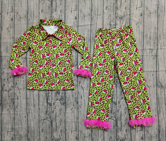 ( No moq ) Preorder Adult Women Fur Long Sleeves Green Face Leopard Buttons Shirt Pants Christmas Pajamas Set