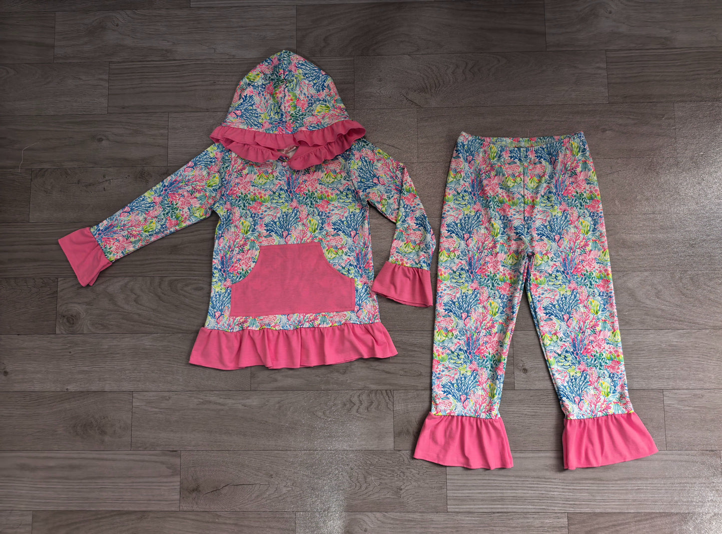 ( No moq ) Preorder Baby Girls Kids Long Sleeves Pocket Hoodie Pullover Flower Pants Set Clothes