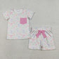 Baby Girls Kids Short Sleeves Bows Pocket Shirt Shorts Clothes Set RTS
