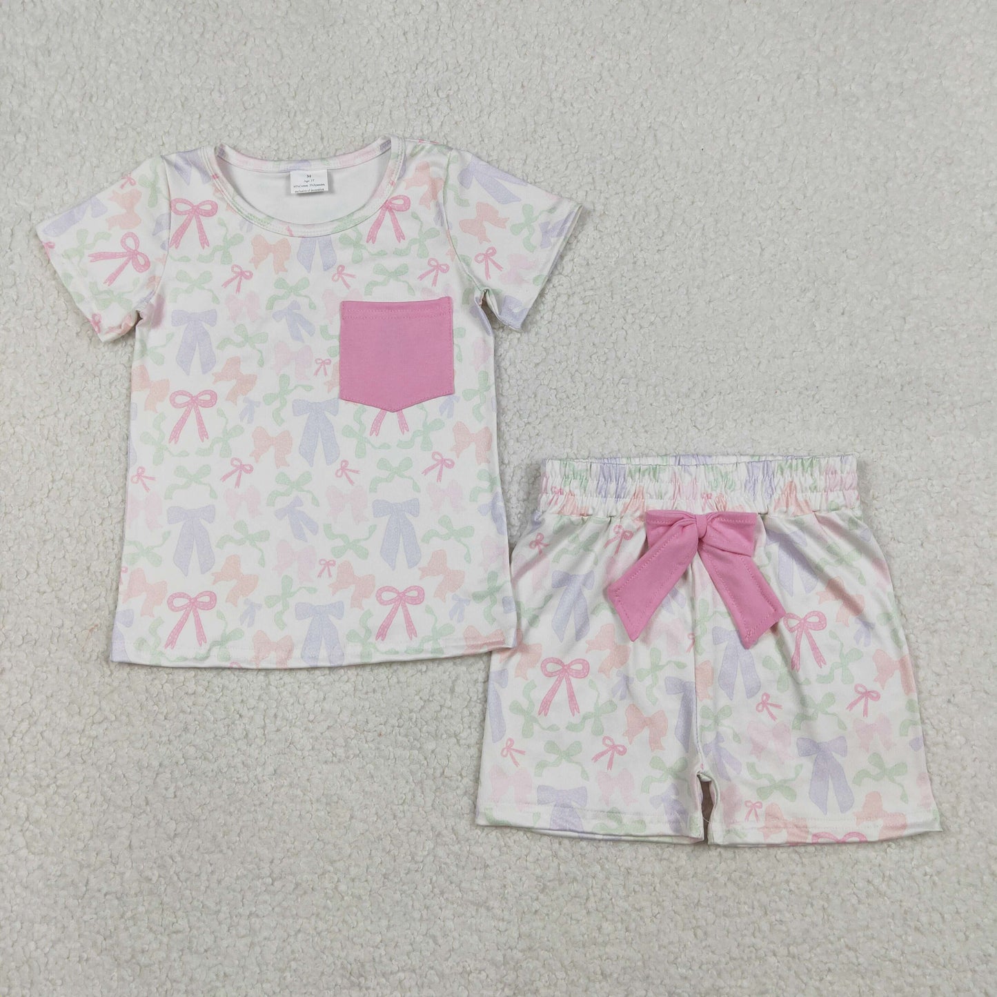 Baby Girls Kids Short Sleeves Bows Pocket Shirt Shorts Clothes Set RTS