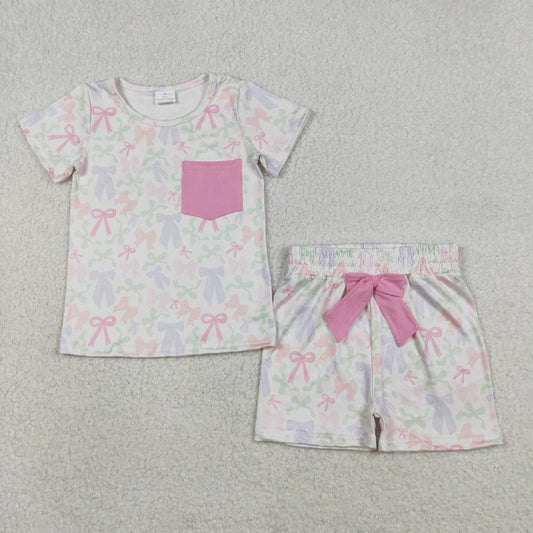Baby Girls Kids Short Sleeves Bows Pocket Shirt Shorts Clothes Set RTS