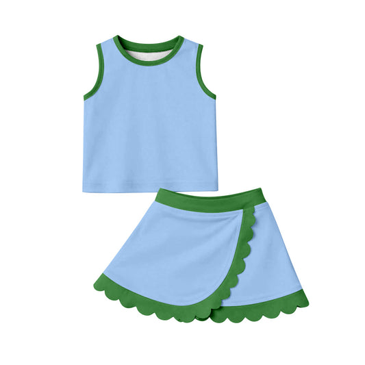 ( Moq 5 ) Preorder Baby Girls Kids Shirt Scallop Skirt Shorts Yoga Active Blue Green Set Clothes