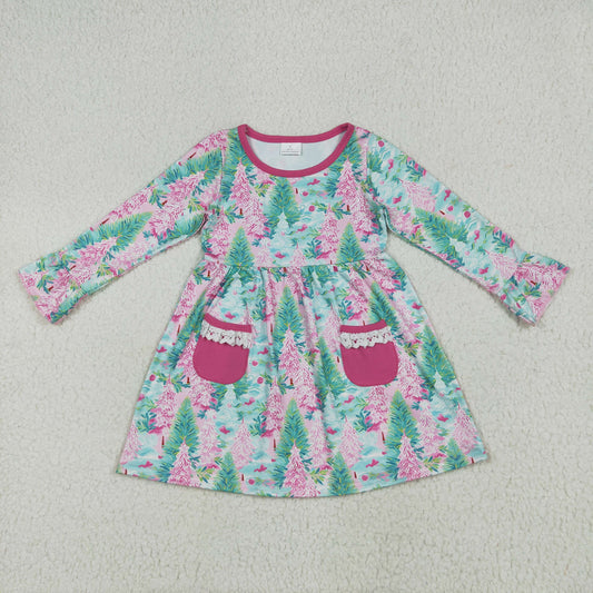 Baby Girl Long Sleeves Trees Floral Pockets Knee Length Christmas Dress RTS
