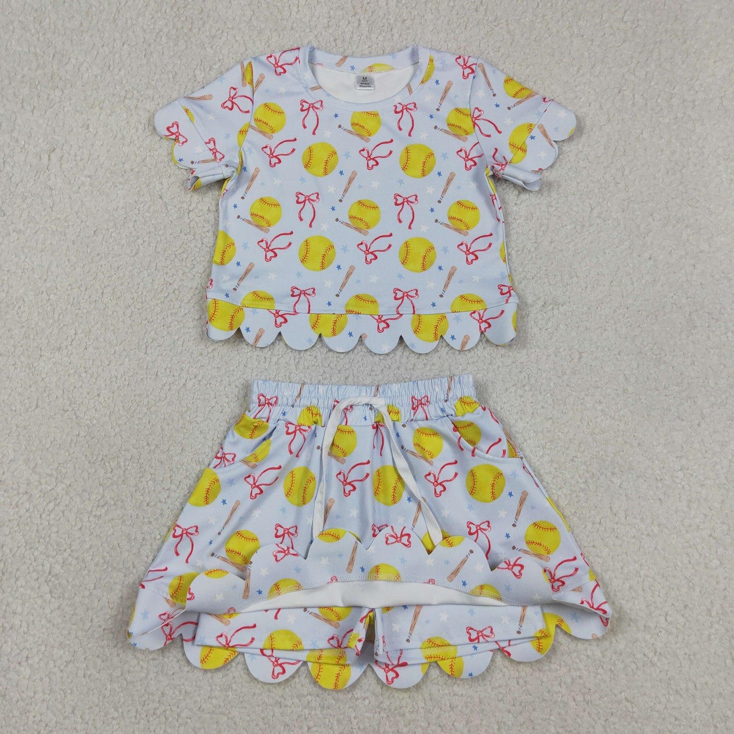 Baby Girls Kids Short Sleeves Softball Bows Shirt Shorts Skirt Yoga Active Clothes Set RTS