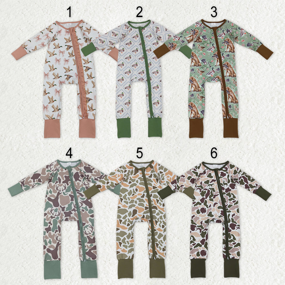 Sibling Baby Boys Kids Dogs Ducks Deer Camo Zipper Footie Sleeper Hunting Rompers RTS