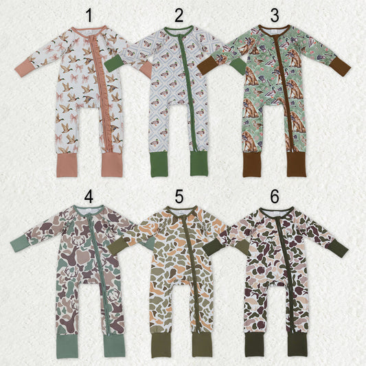 Sibling Baby Boys Kids Dogs Ducks Deer Camo Zipper Footie Sleeper Hunting Rompers RTS