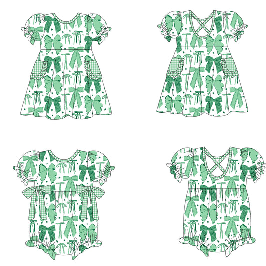 ( Moq 5 Each Style ) Girls Kids Short Sleeves Green Bows Sibling Romper Dress