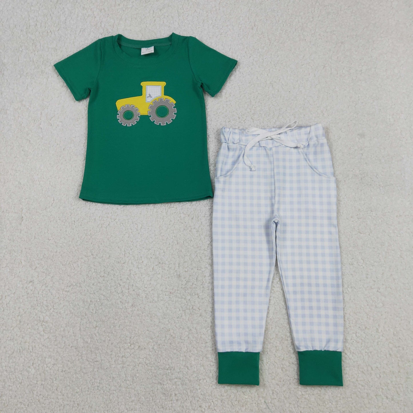 Baby Boys Short Sleeves Embroidery Tractor Green Shirt Plaid Pockets Pants Set  RTS
