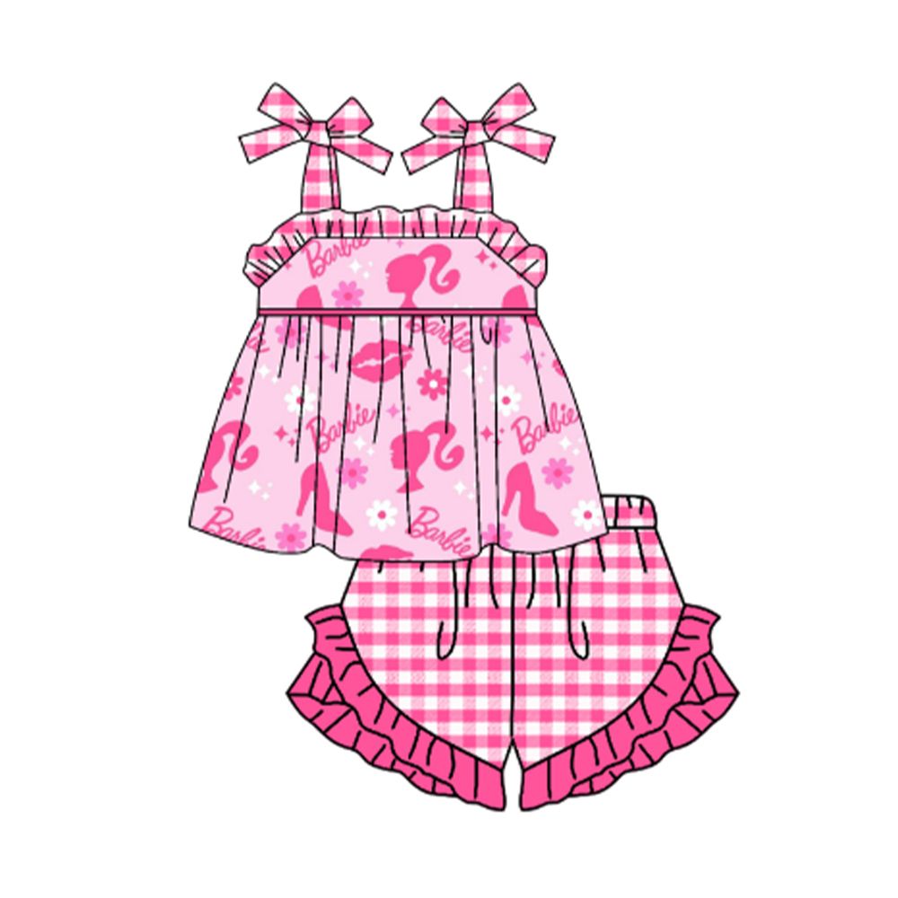 Moq 3 Pre-order GSSO0572 Baby Girl Doll Pink Tops Plaid Ruffle Shorts Set