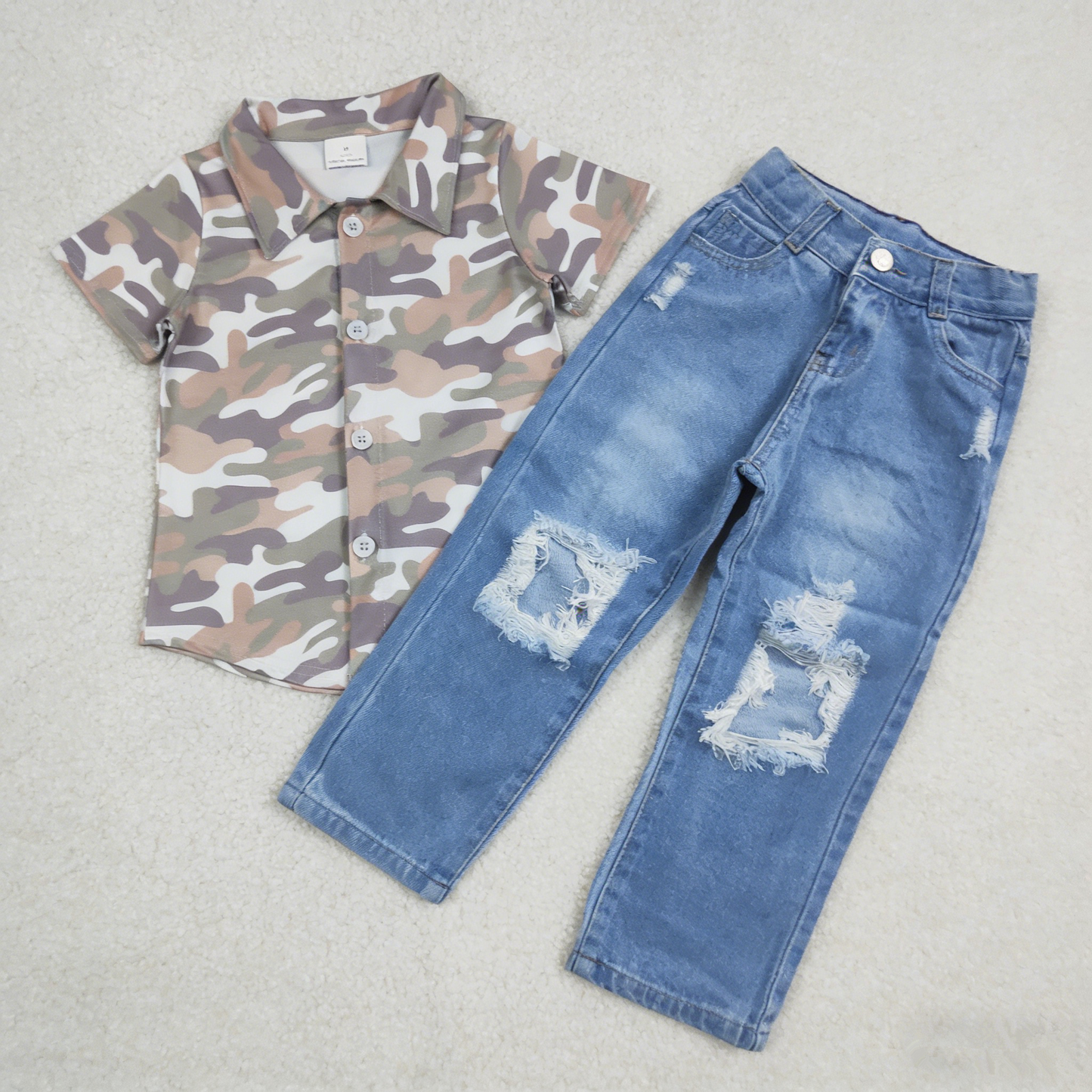 Baby Boys Toddler Short Sleeves Dogs Camo Buttons Tops Denim Jeans Pants Set RTS