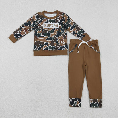 Sibling Baby Kids Long Sleeves Embroidery Mama's Boy Camo Romper Shirt Set Clothes RTS