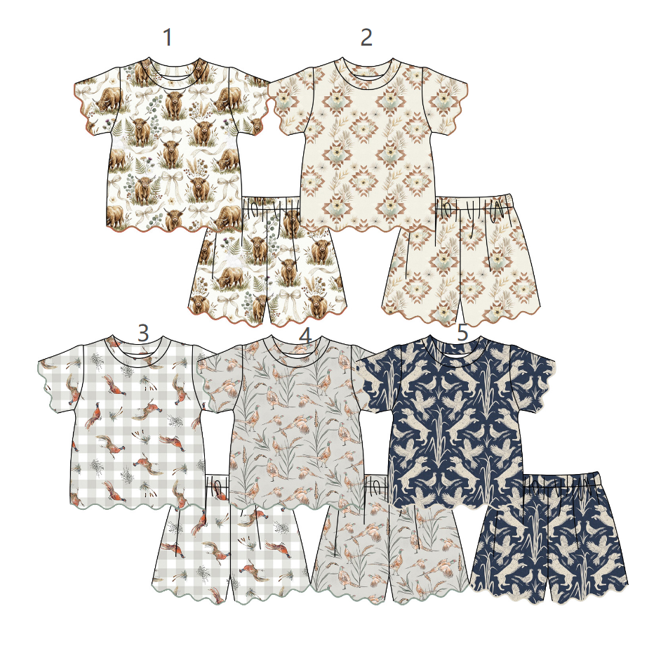 ( Moq 30 Each Style ) Sibling Baby Girls Kids Short Sleeves Ducks Dogs Shirts Scallop Shorts Sets