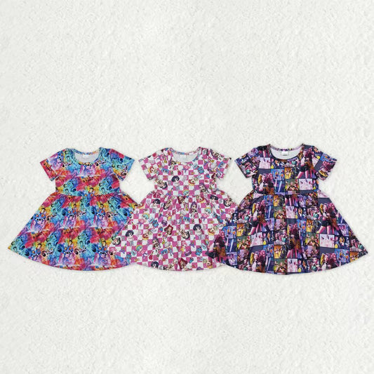 Sibling Baby Girls Kids Short Sleeves Music Character Colorful Knee Length Dresses RTS