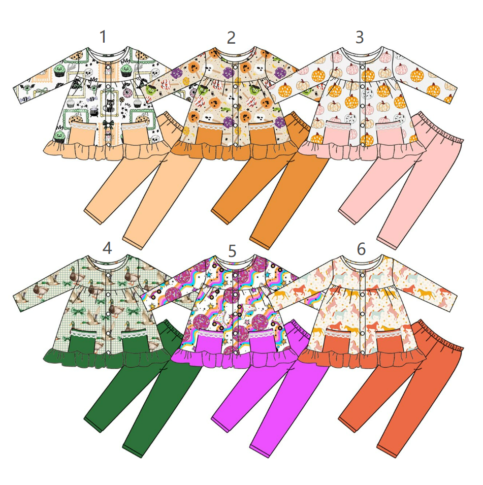 ( Moq 5 Each Style ) Sibling Baby Girls Kids Pumpkins Bows Ducks Tunic Pants Sets Fall Clothes