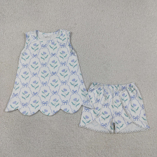 Baby Girls Kids Sleeveless Bows Flower Scallop Tops Shorts Summer Set RTS