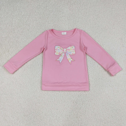 Baby Girls Kids Pink Long Sleeves Embroidery Floral Bows Cotton Shirt Tops RTS