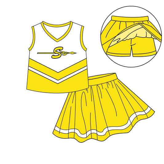 ( Moq 5 ) Baby Girl Sleeveless Yellow Tops Shorts Skirt Skort Cheer Team Set 7.10