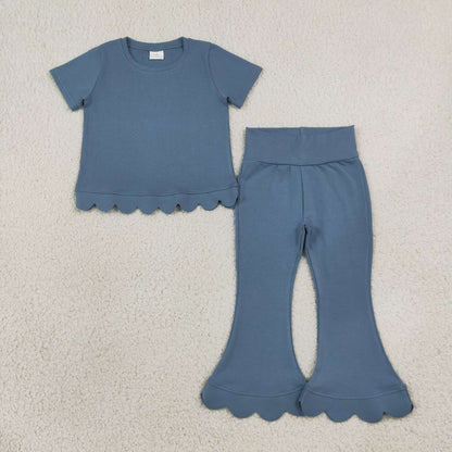 Sibling Baby Girls Kids Short Sleeves Shirts Bell Pants Scallop Cotton Sets Clothes RTS