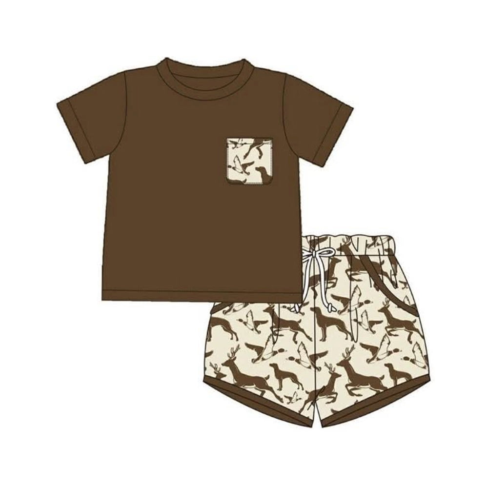 ( Moq 5 ) Preorder Baby Boys Kids Short Sleeves Brown Shirt Deer Ducks Dogs Shorts Set Clothes