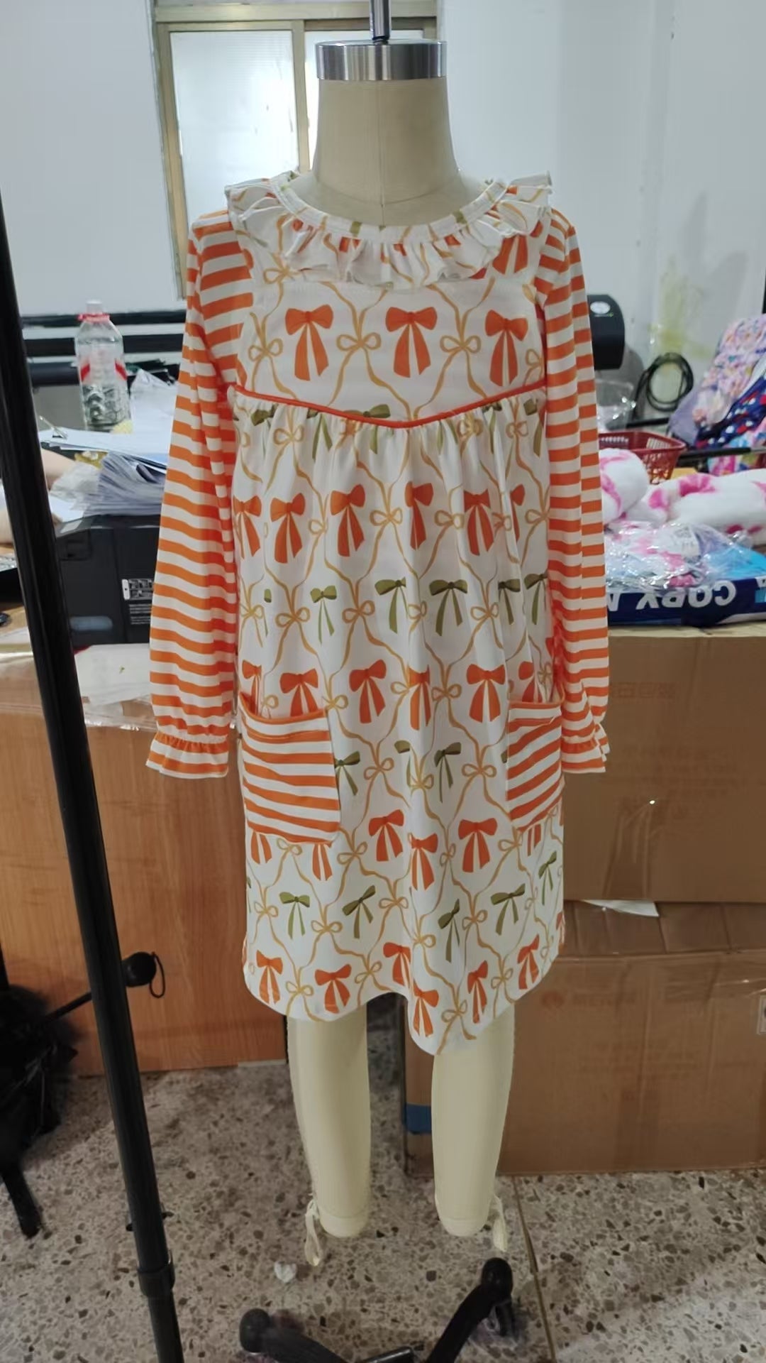 Baby Girl Long Sleeves Stripes Shirt Sleeveless Pockets Bows Dress Set RTS