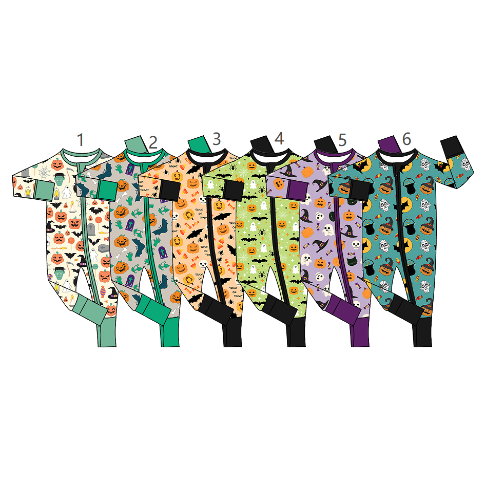 ( Moq 5 Each Style ) Sibling Baby Boys Infant Long Sleeves Halloween Pumpkins Zipper Footie Sleeper Rompers Clothes