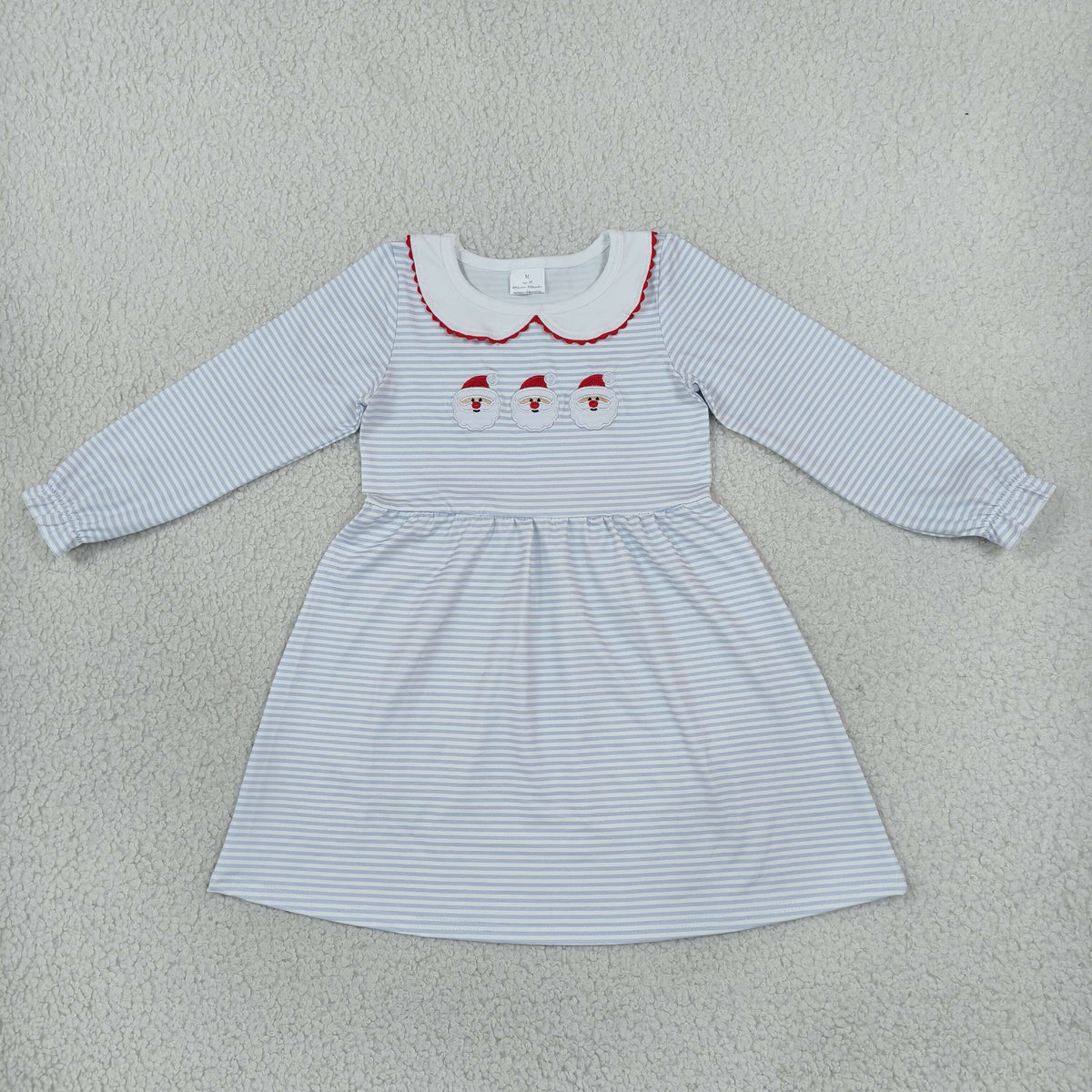 Baby Girls Kids Long Sleeves Embroidery Santa Christmas Blue Stripes Dress Clothes RTS