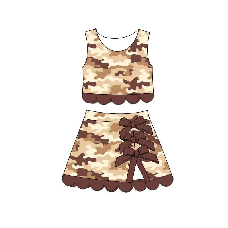 ( Moq 5 ) Preorder Baby Girls Kids Camo Shirt Scallop Brown Bows Skirt Shorts Yoga Active Set Clothes