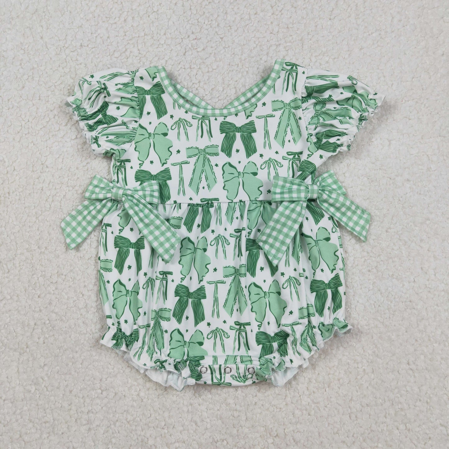 Baby Girls Infant Short Sleeves Green Bows St Patrick Bubble Romper RTS