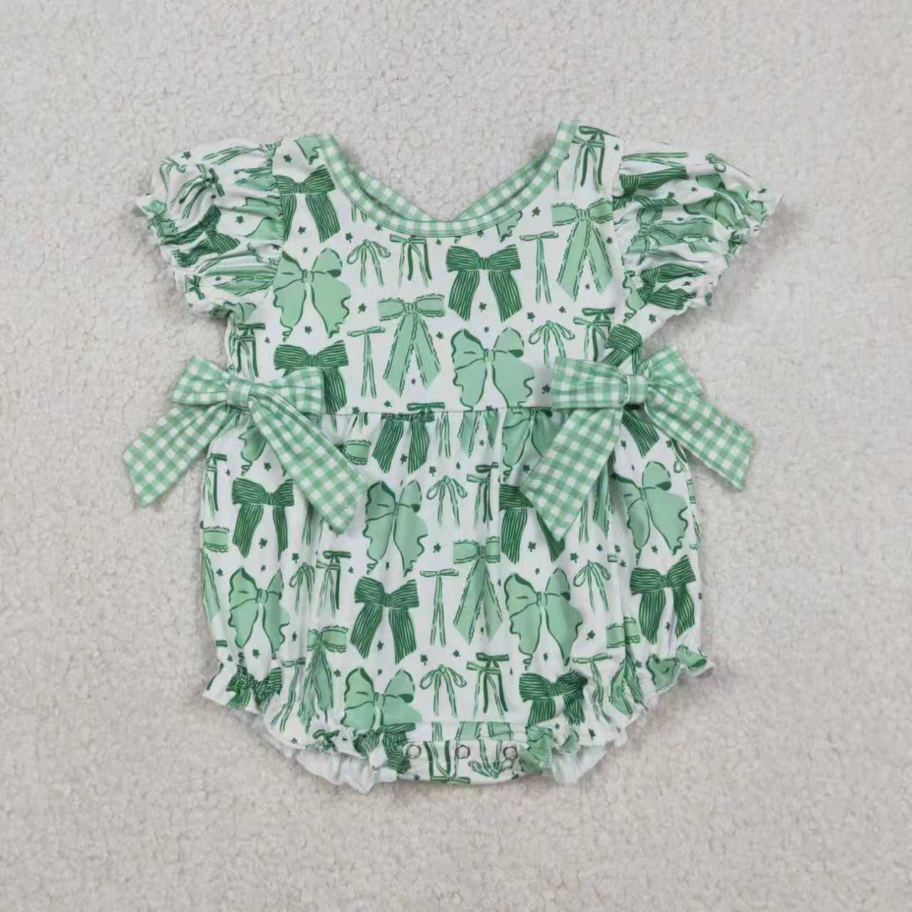 Sibling Baby Girls Kids Short Sleeves Green Bows St Patrick Romper Dress RTS