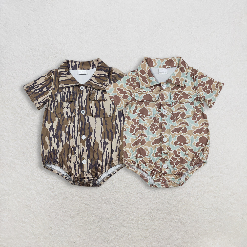 Sibling Baby Boys Infant Short Sleeves Southern Camo Pockets Buttons Rompers RTS