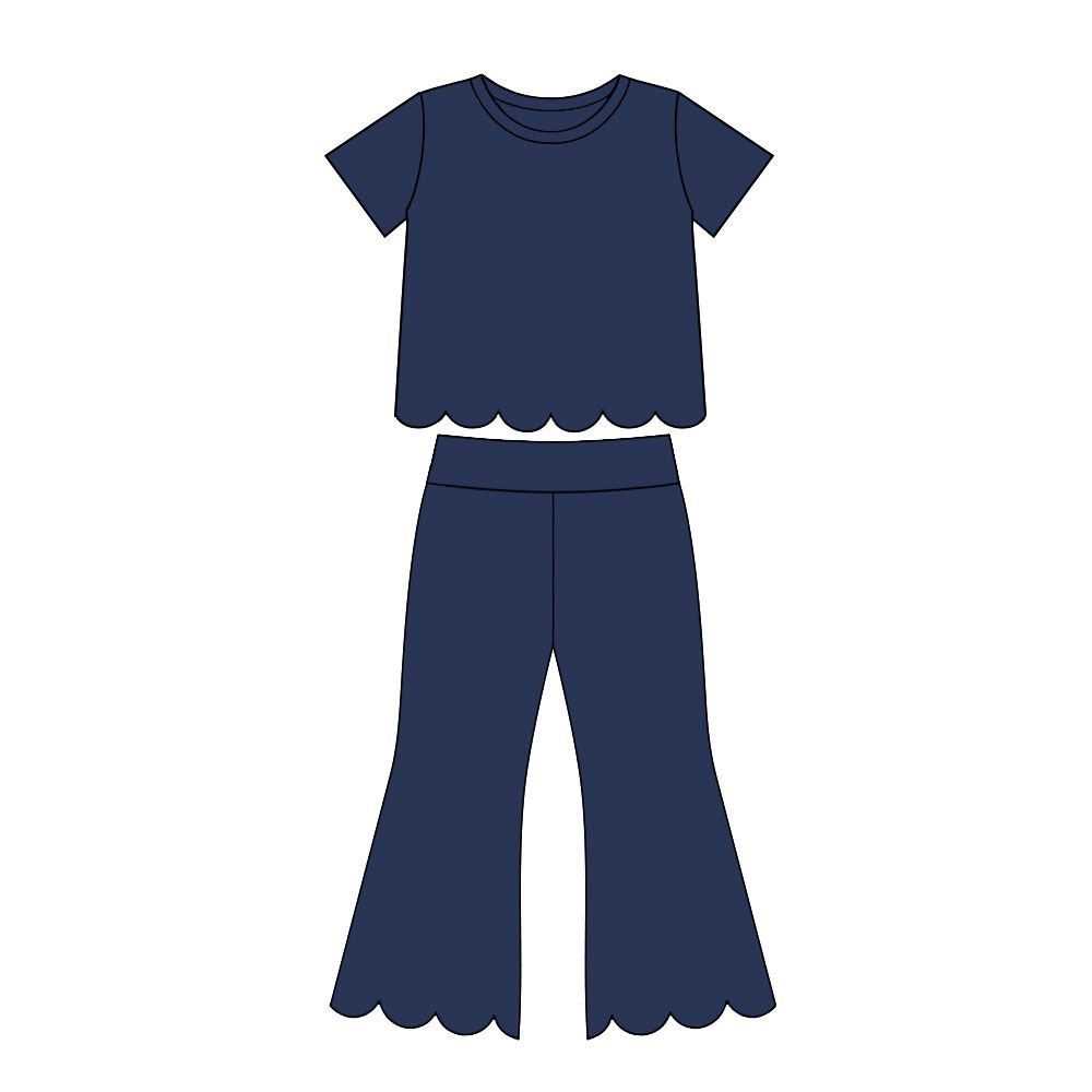 ( Moq 5 ) Preorder Baby Girls Kids Short Sleeves Navy Shirt Pants Scallop Set Clothes