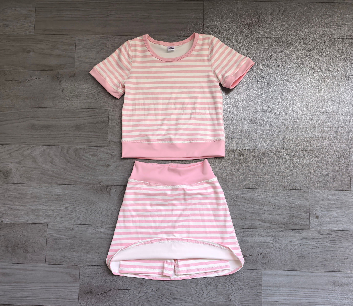 ( No moq ) Preorder Baby Girls Kids Short Sleeves Shirt Pink Stripes Skirt Shorts Set Yoga Active Clothes