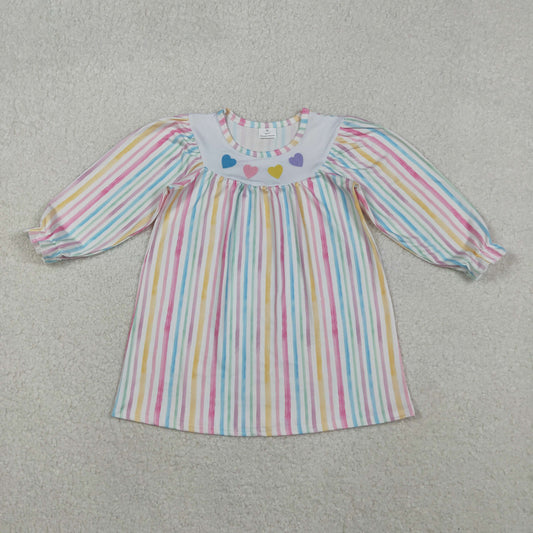 Baby Girls Kids Long Sleeves Embroidery Hearts Stripes Valentine's Day Dress RTS