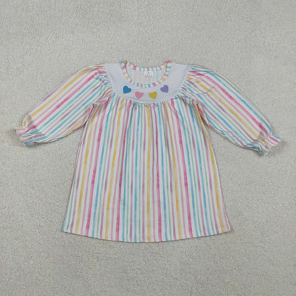 Sibling Baby Girls Kids Long Sleeves Embroidery Hearts Stripes Valentine Romper Dress RTS
