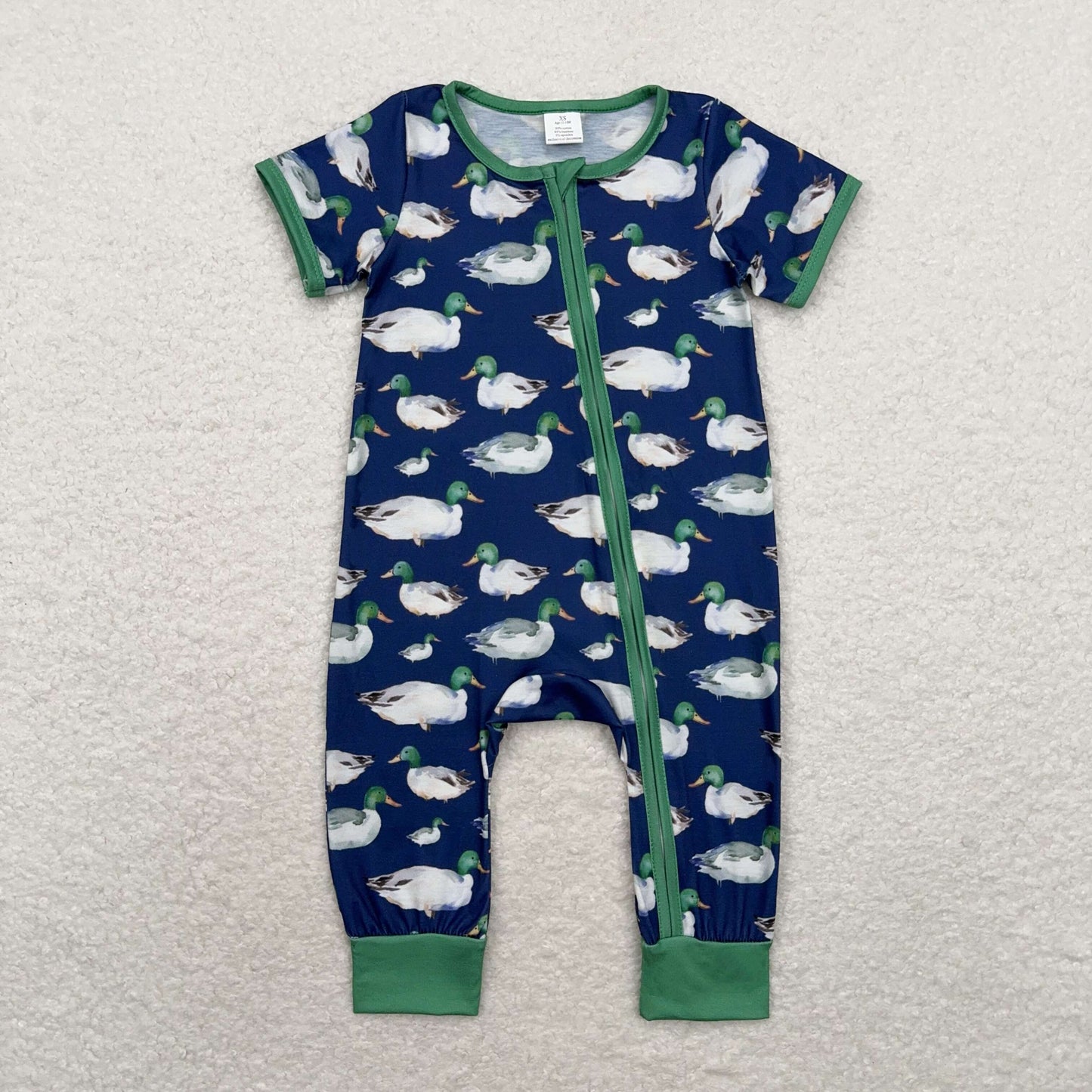 Baby Boy Short Sleeves Ducks Zipper Green Romper