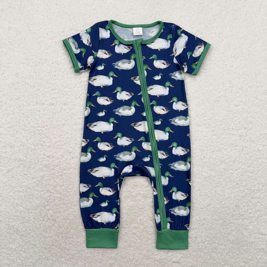 Baby Boy Short Sleeves Ducks Zipper Green Romper