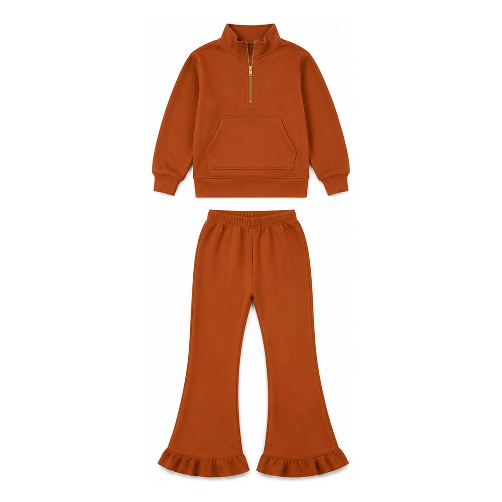 ( Moq 5 ) Preorder Baby Girls Kids Long Sleeves Zipper Pocket Pants Orange Set Clothes