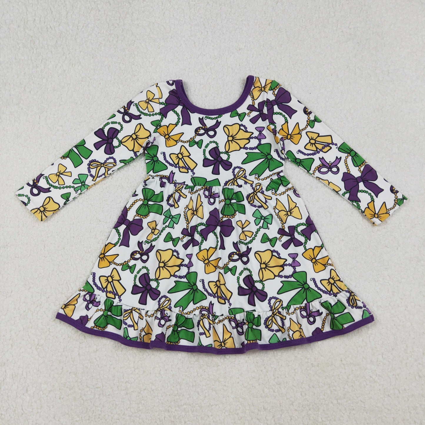 Sibling Girls Kids Long Sleeves Mardi Gras Colorful Bows Dress Pajamas Set RTS