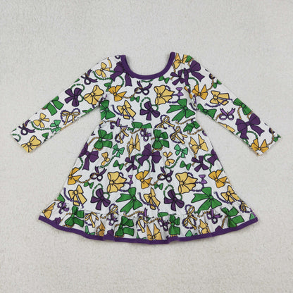 Sibling Girls Kids Long Sleeves Mardi Gras Colorful Bows Dress Pajamas Set RTS