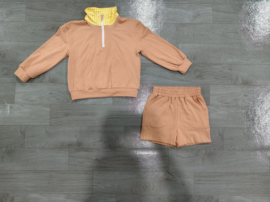 ( No moq ) Preorder Baby Girls Kids Long Sleeves Zipper Pullover Pockets Shorts Brown Set Cotton Clothes