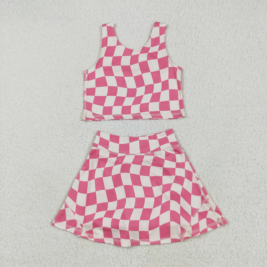 Baby Girl Sleeveless Pink Checked Tops Skort Yoga Active Set RTS